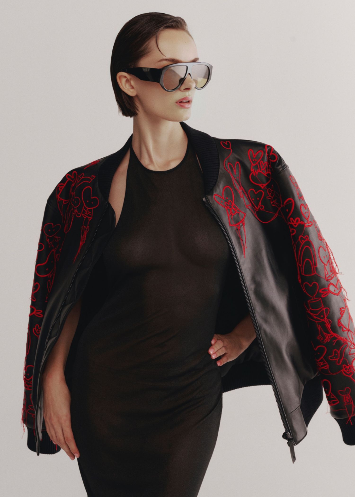 Bomber In Pelle Con Ricamo A Cuore
