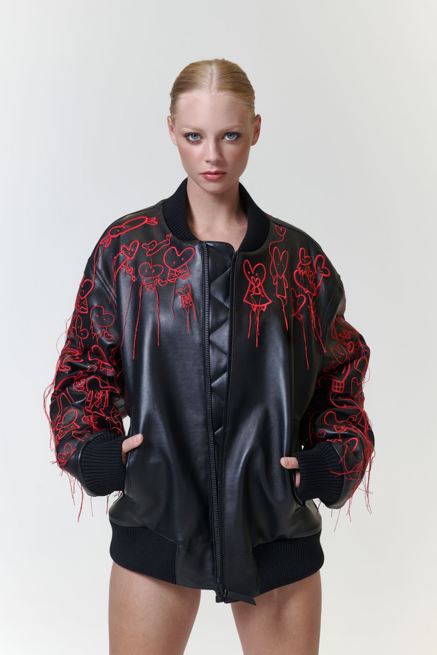 Leather Bomber With Heart Embroidery