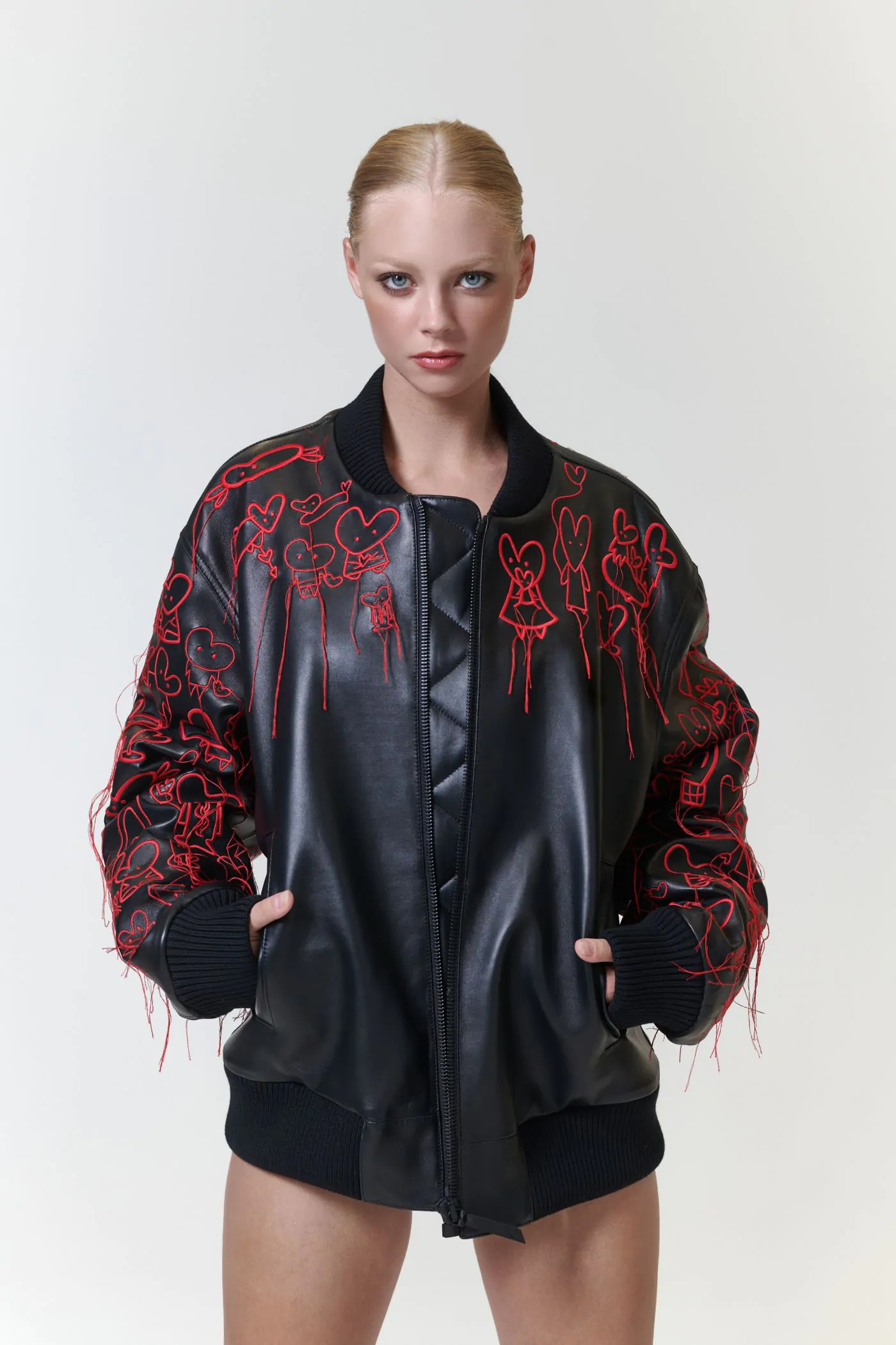 Leather Bomber With Heart Embroidery