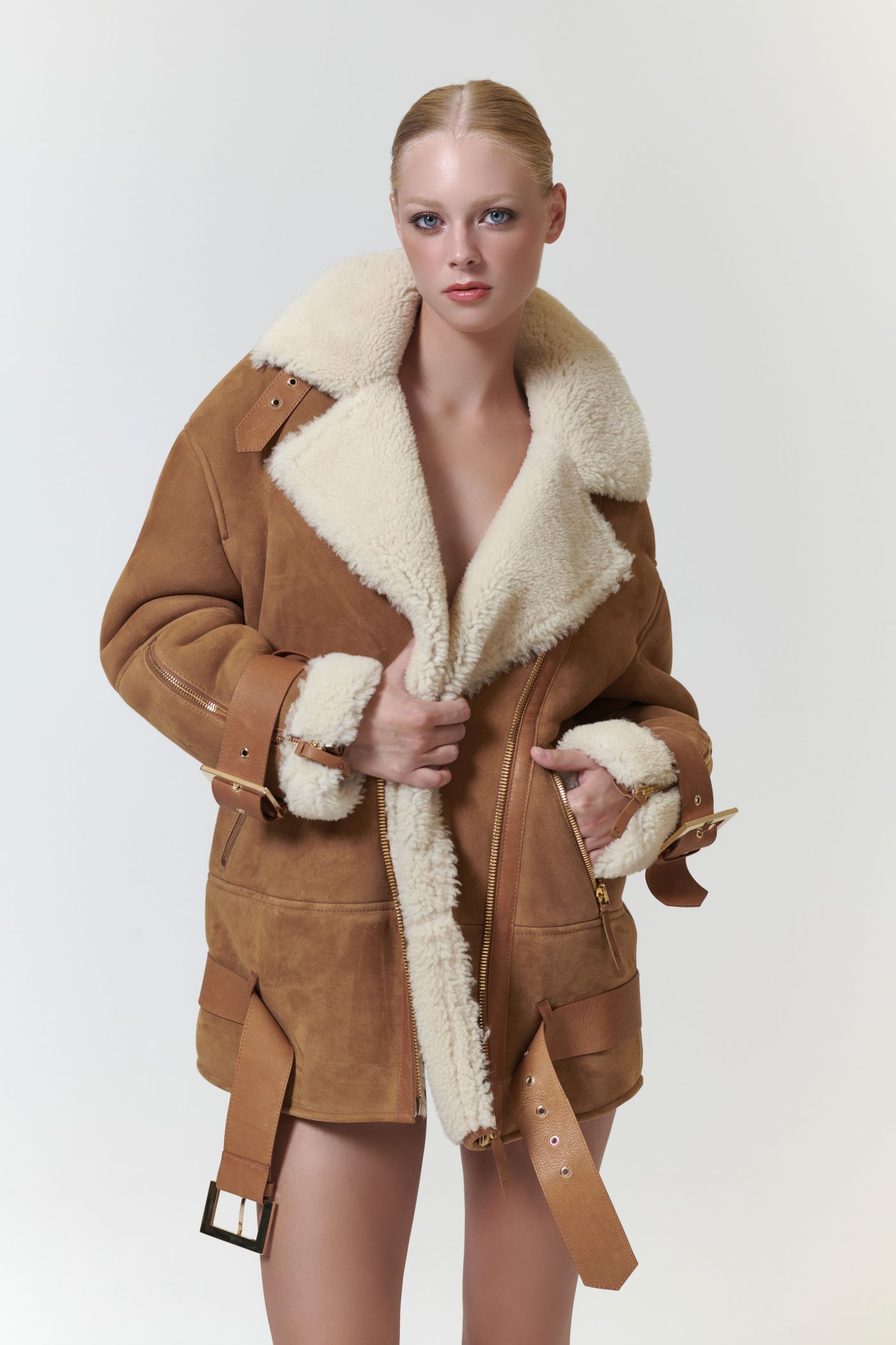Giacca In Shearling Con Cintura